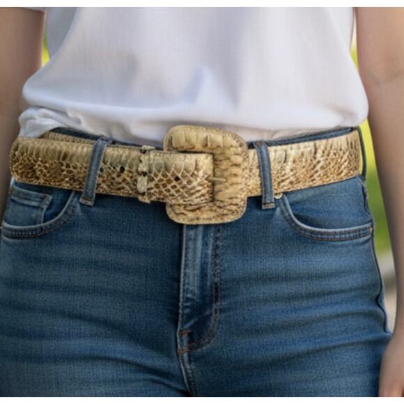 Vintage Accessories - Vintage Genuine Snakeskin Western Belt Boho Cowgirl Cream Python